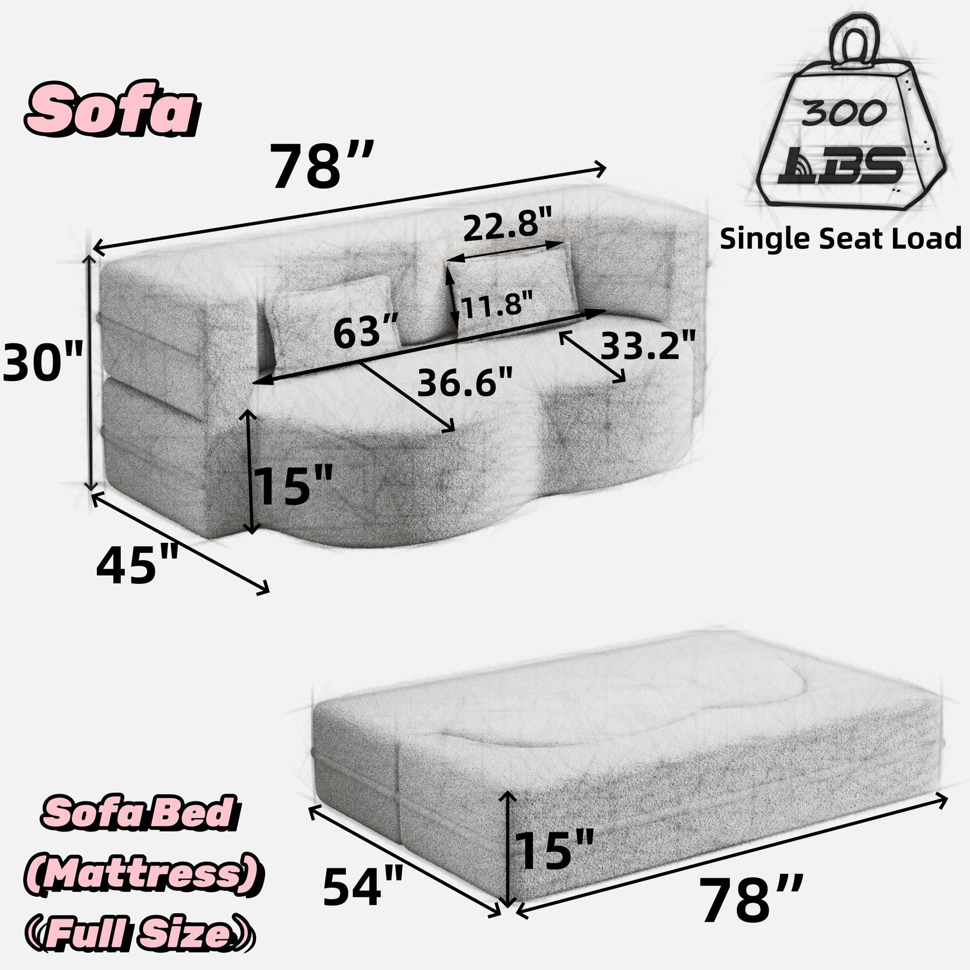 Convertible foam-filled sleeper sofa bed with 2 pillows by HouseOfZazla; 78in wide futon on Tampa Home & Garden Store