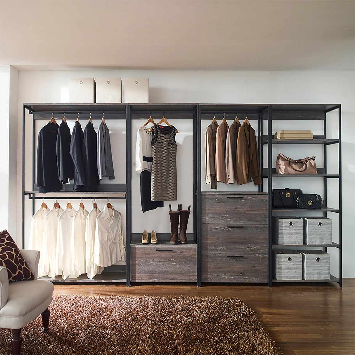 Gray walk-in wardrobe, 5-shelf modular system, black metal frame, HouseOfZazla on Tampa Home & Garden Store