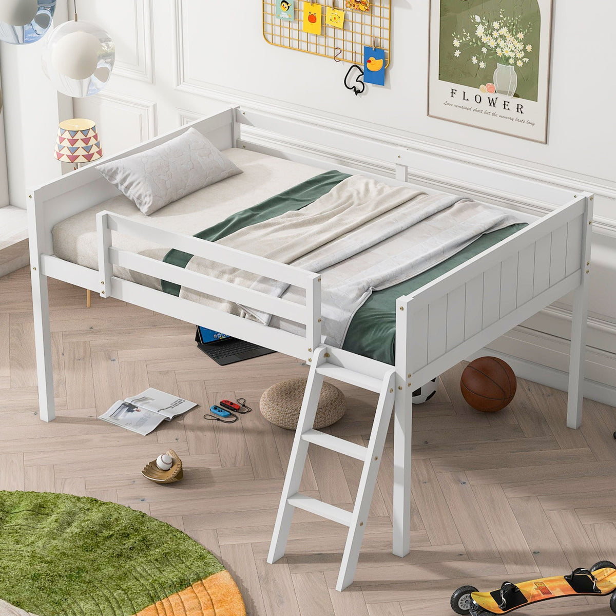 Low loft bed with adjustable ladder in white, open space beneath and tidy bedding on Tampa Home & Garden Store