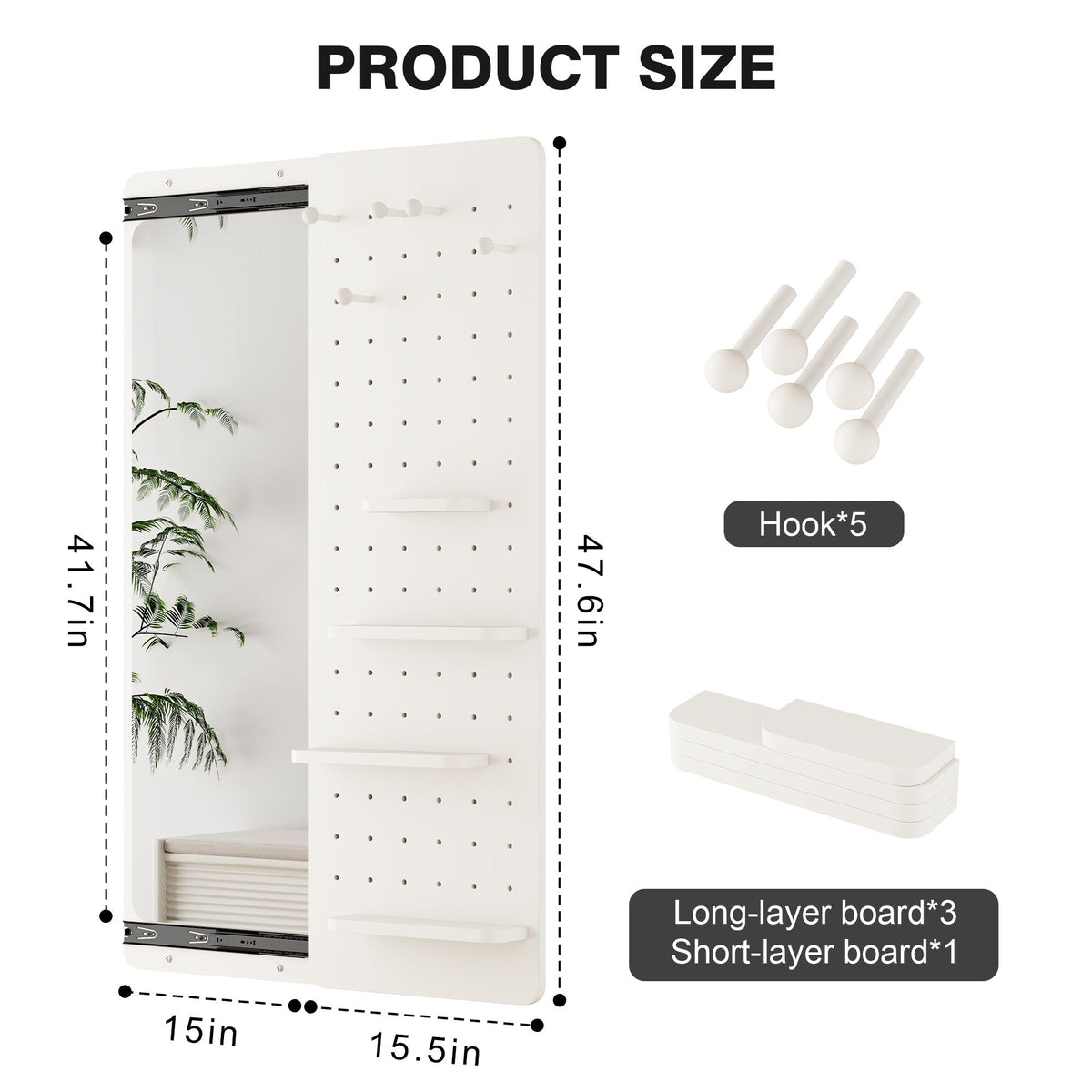 Full length wall mounted mirror with shelf and hooks on a white pegboard panel HouseOfZazla on Tampa Home & Garden Store