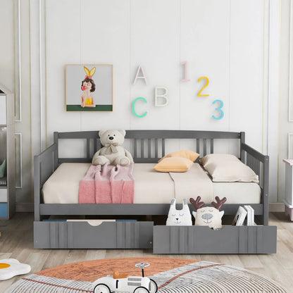 Multifunctional gray daybed with 3 under-bed drawers; pastel decor and plush bear in a nursery on Tampa Home & Garden Store