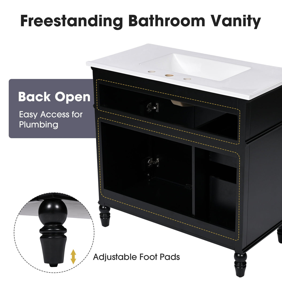 Bathroom vanity with sink and drawers black wood cabinet, white countertop HouseOfZazla on Tampa Home & Garden Store
