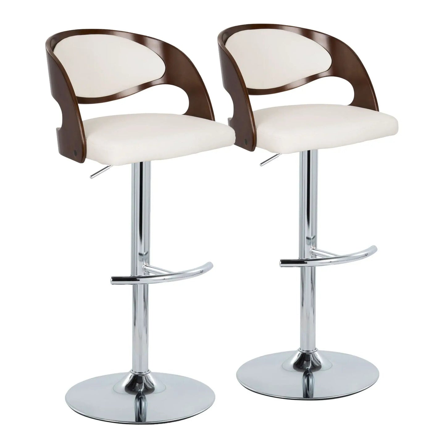 Pino mid-century adjustable barstools set of 2 chrome with cherry wood frame and white cushions on Tampa Home & Garden Store