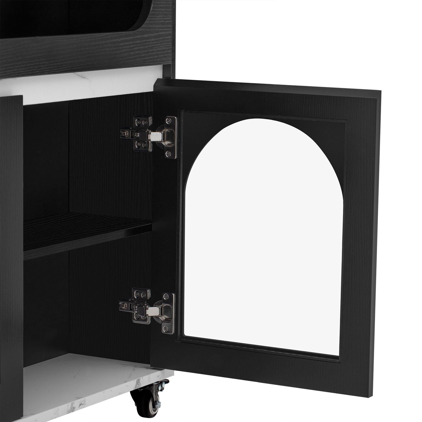 HouseOfZazla black kitchen island with drawers, rolling base and open shelf on Tampa Home & Garden Store