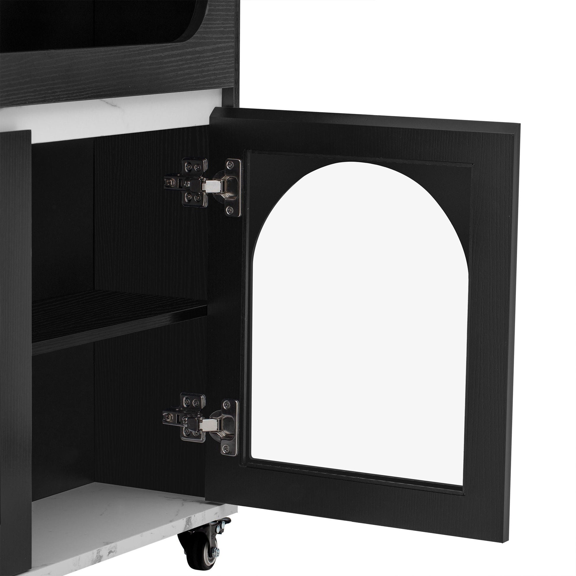HouseOfZazla black kitchen island with drawers, rolling base and open shelf on Tampa Home & Garden Store