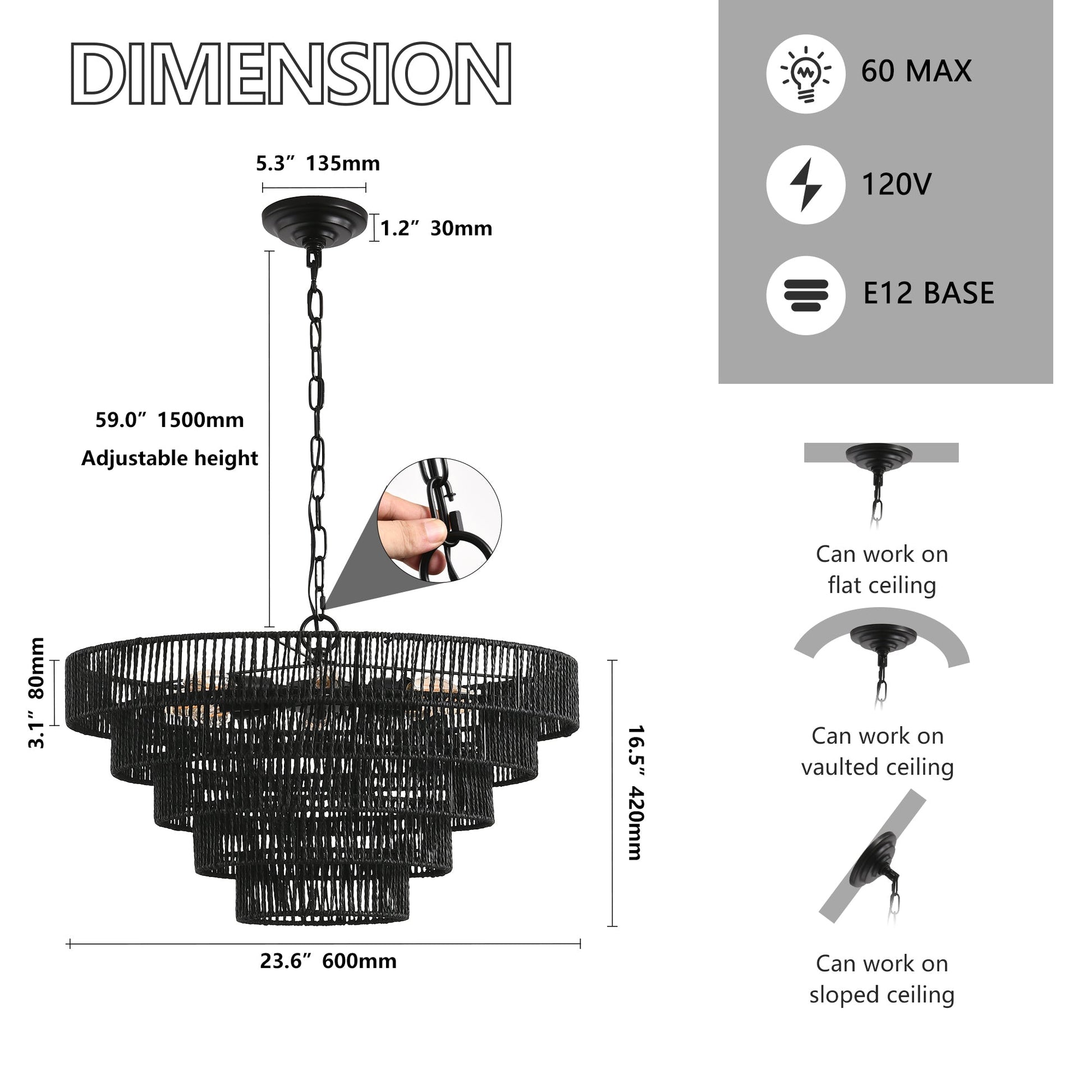 24-inch 5-tier black hemp rope pendant chandelier by HouseOfZazla, circular woven shade on Tampa Home & Garden Store