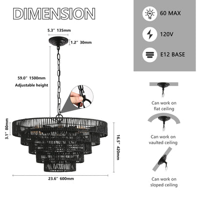 24-inch 5-tier black hemp rope pendant chandelier by HouseOfZazla, circular woven shade on Tampa Home & Garden Store