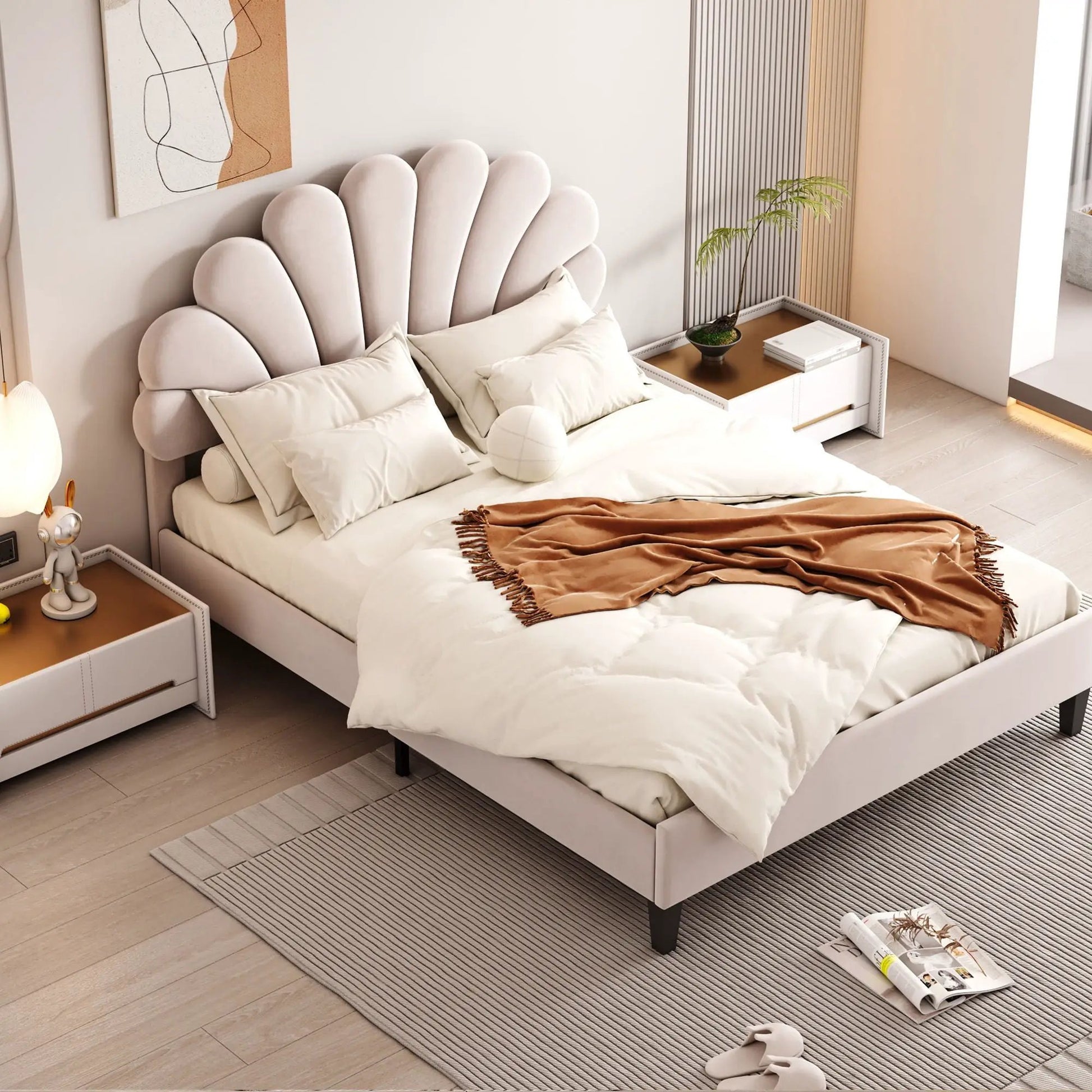 Cream upholstered platform bed with flower pattern headboard by Unique Piece Furniture on Tampa Home & Garden Store