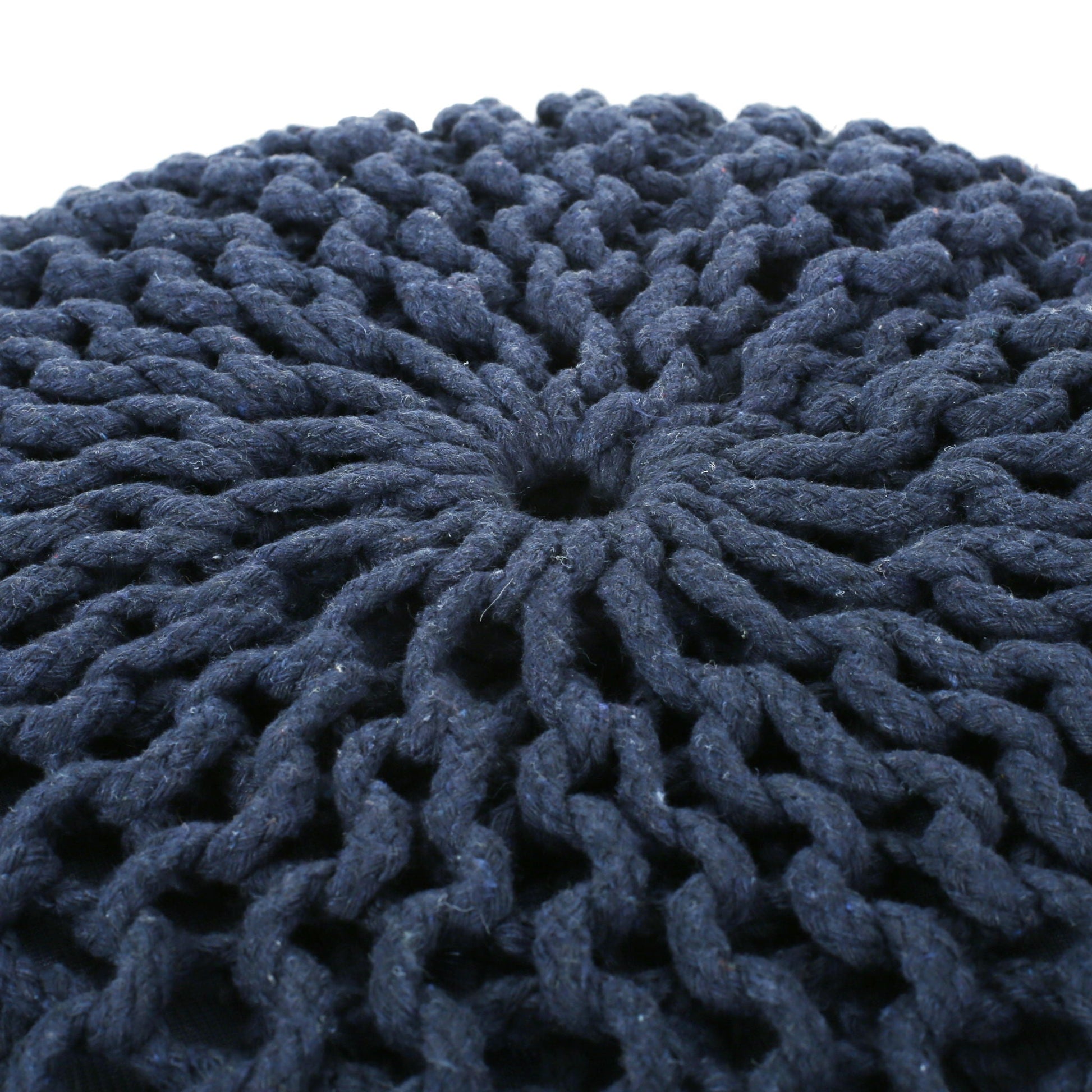 Bordeaux knitted cotton round pouf ottoman navy blue yarn texture on Tampa Home & Garden Store