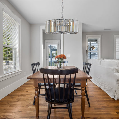 17' Chrome Crystal Pendant Chandelier with crystal prisms and chrome frame over a wooden table on Tampa Home & Garden Store