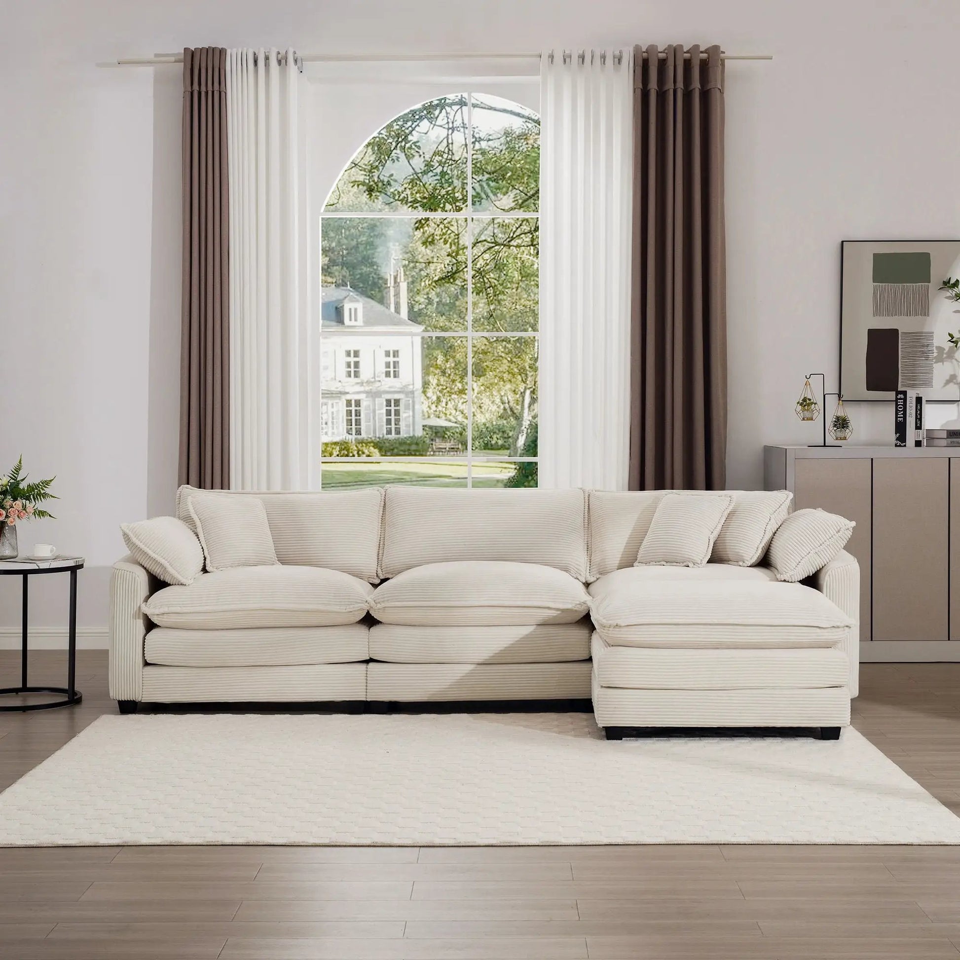 Modern oversized modular sofa with ottoman in beige fabric, 3-piece set, deep seating on Tampa Home & Garden Store