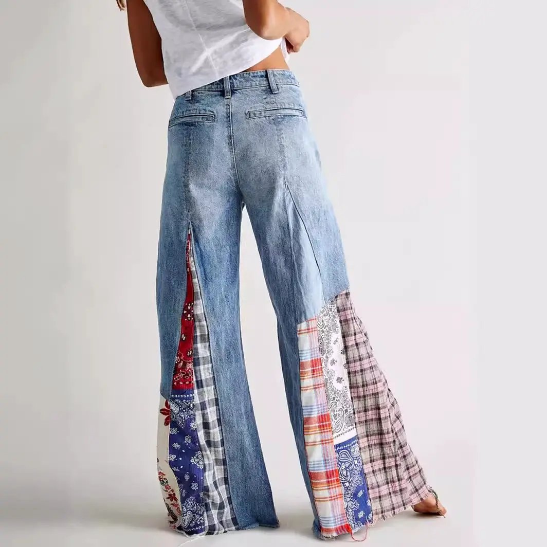 FLIPSTYLEZLLC retro denim patchwork wide-leg jeans, blue high-waist with colorful plaid patch panels on Tampa Home & Garden Store