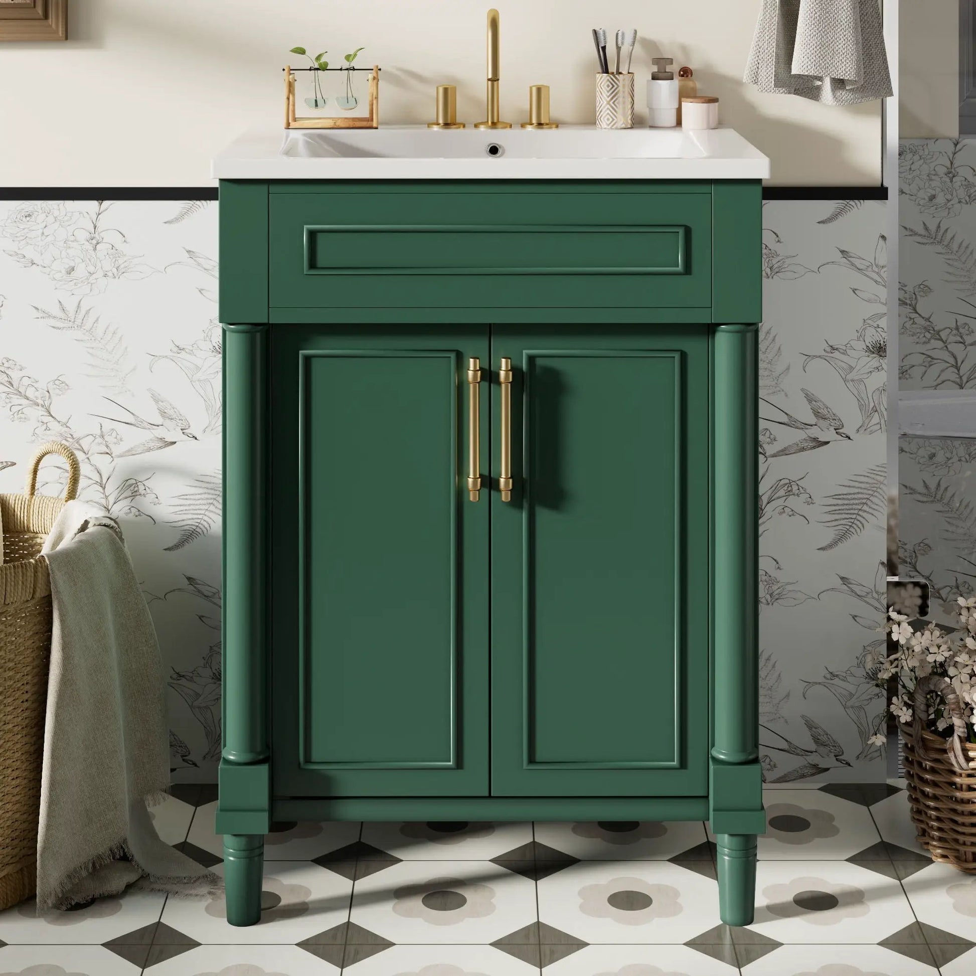 Bathroom vanity with integrated white sink, green cabinet with brass hardware on Tampa Home & Garden Store