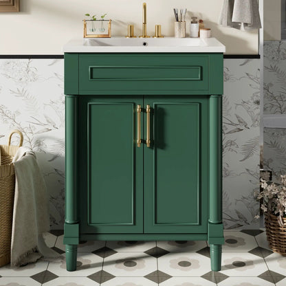 Bathroom vanity with integrated white sink, green cabinet with brass hardware on Tampa Home & Garden Store