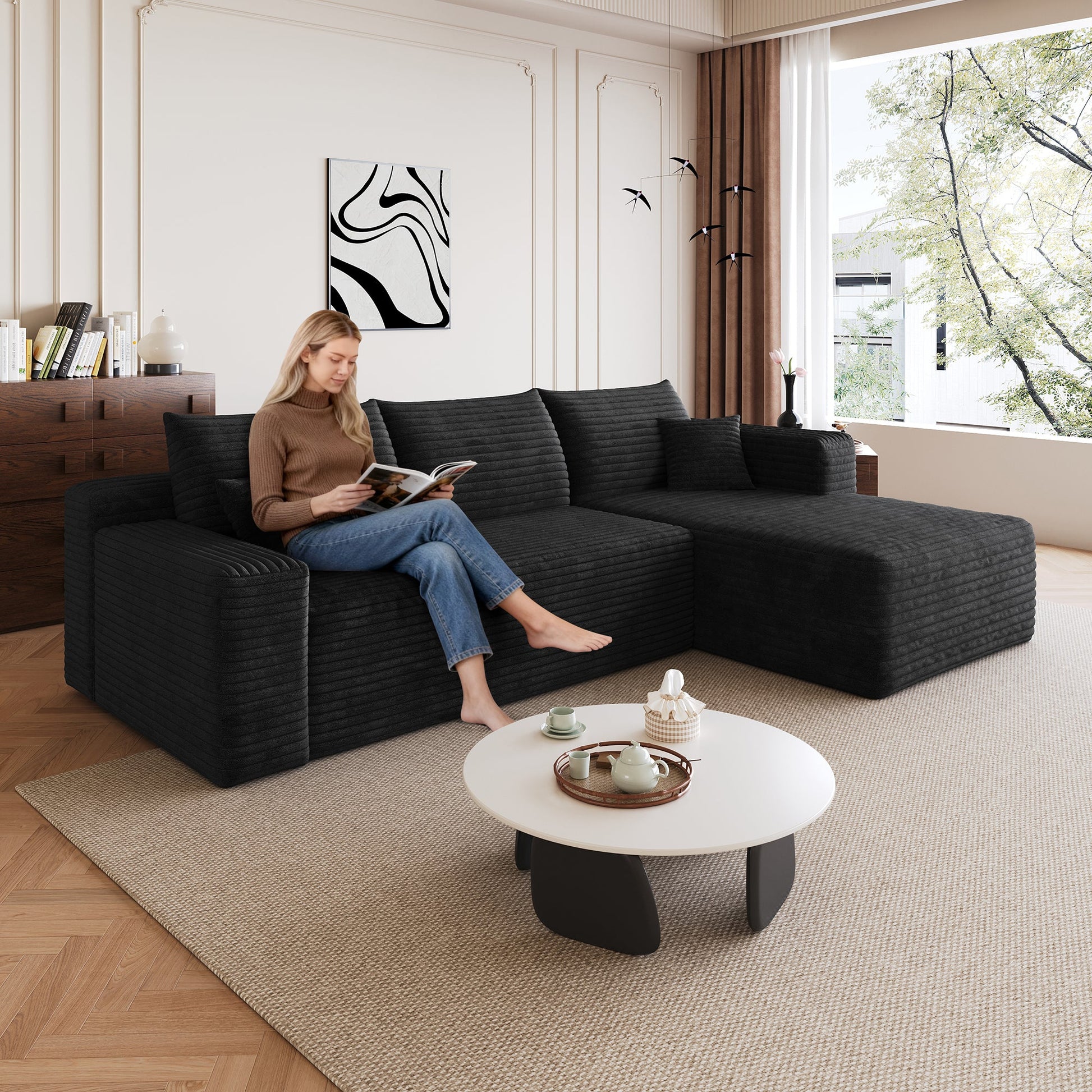 95in Cloud Sectional Sofa by HouseOfZazla in black fabric with chaise, minimalist style on Tampa Home & Garden Store