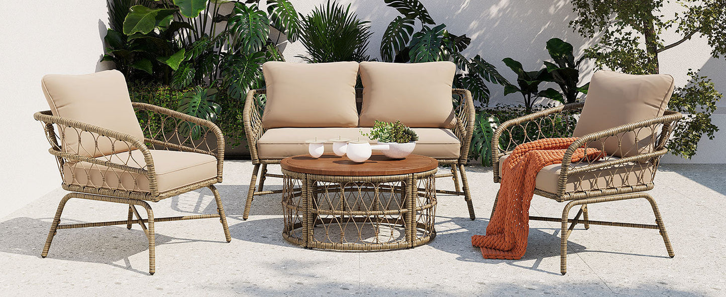Bohemia-Inspired 4-Person Outdoor Seating Group with removable beige cushions in wicker rattan on Tampa Home & Garden Store