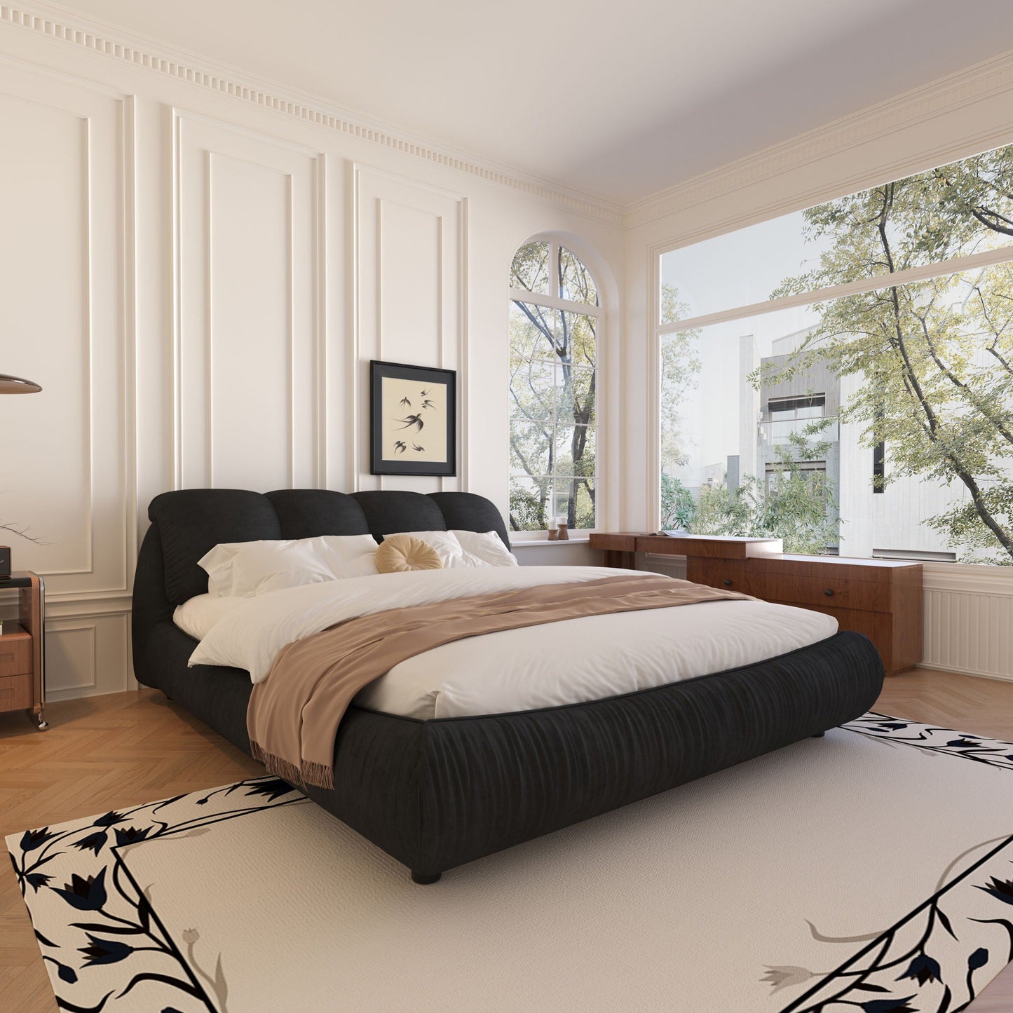 Luxury upholstered platform bed with oversized padded backrest in dark fabric on Tampa Home & Garden Store