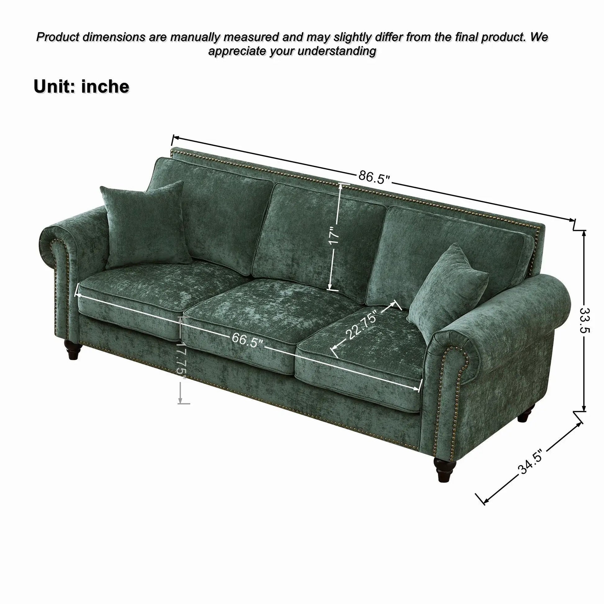 3 Seater green velvet sofa with tufted upholstery rolled arms nailhead trim by Unique Piece on Tampa Home & Garden Store