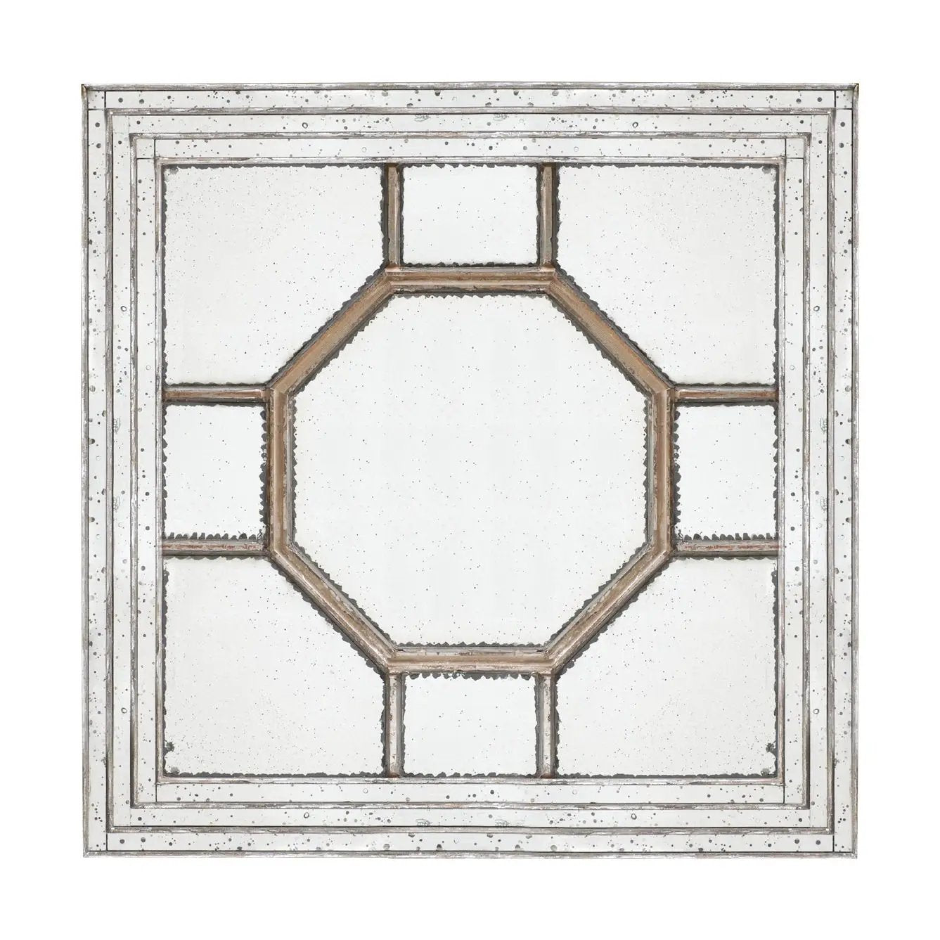 Antique style square wall mirror with a distressed silver mirrored frame and octagonal inner panels on Tampa Home & Garden Store