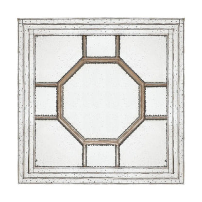 Antique style square wall mirror with a distressed silver mirrored frame and octagonal inner panels on Tampa Home & Garden Store