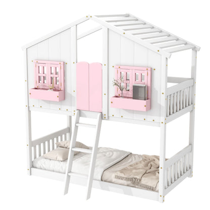 HouseOfZazla white bunk bed with roof, pink window boxes, safety guardrails and ladder on Tampa Home & Garden Store
