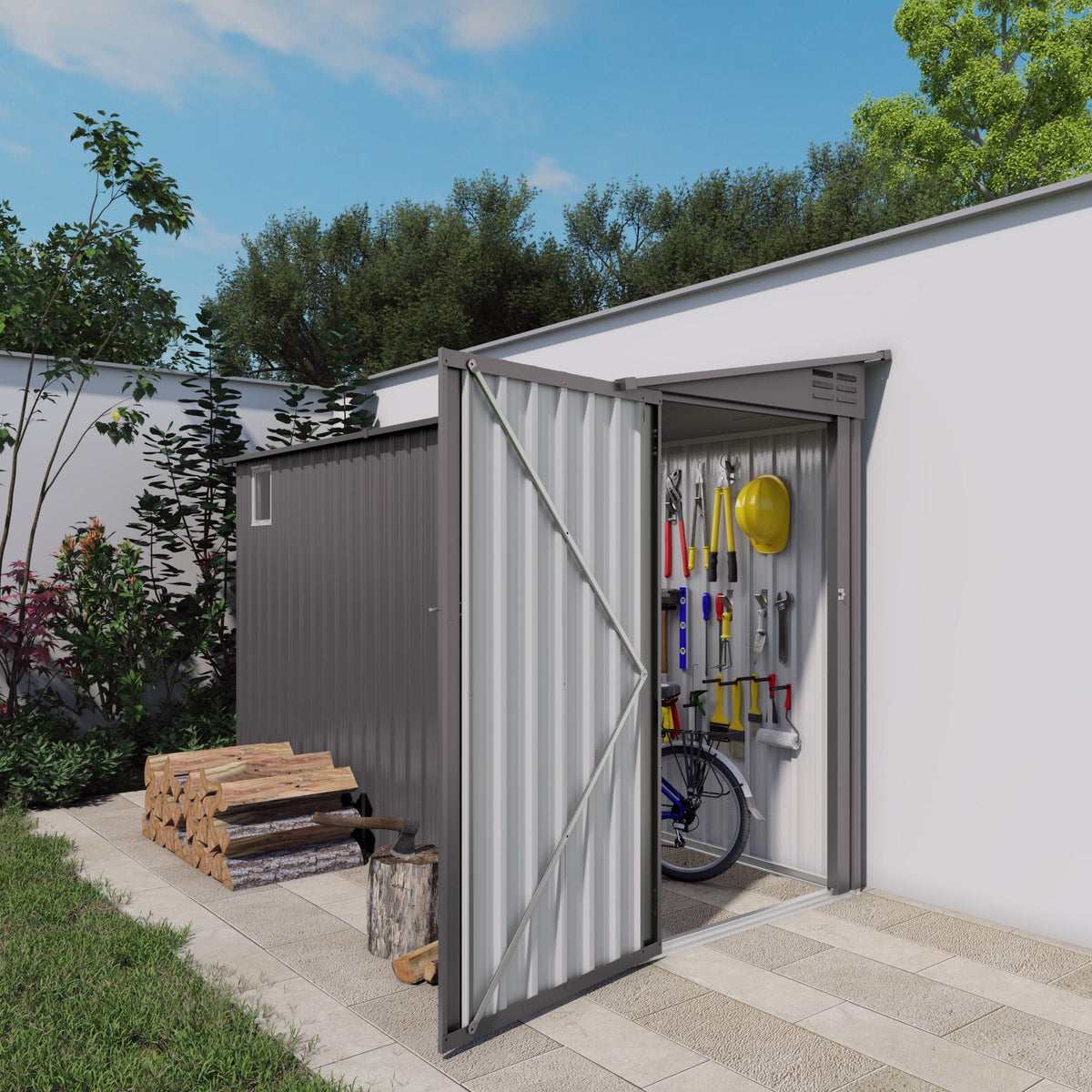Lean-To storage shed gray with windows and sloping roof, interior tool wall and bicycle on Tampa Home & Garden Store