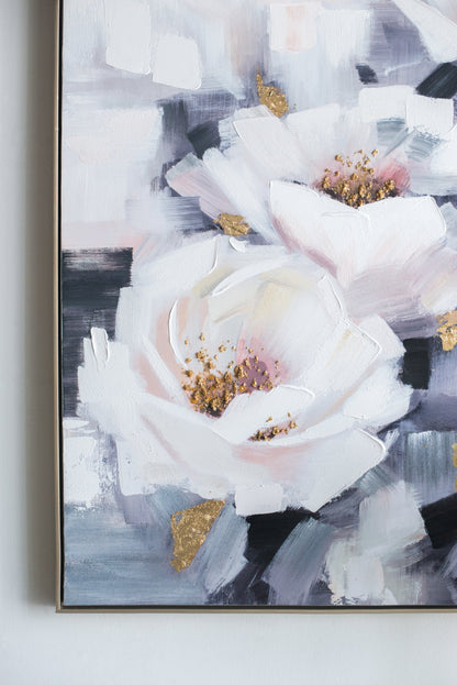 Sarah Framed Floral Wall Art hand-painted canvas in blue pink with gold by HouseOfZazla on Tampa Home & Garden Store