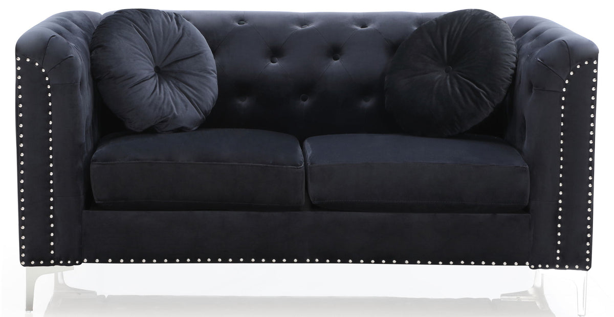 Stylish sloped-arm loveseat in dark navy micro suede with tufted back and bolster pillows on Tampa Home & Garden Store
