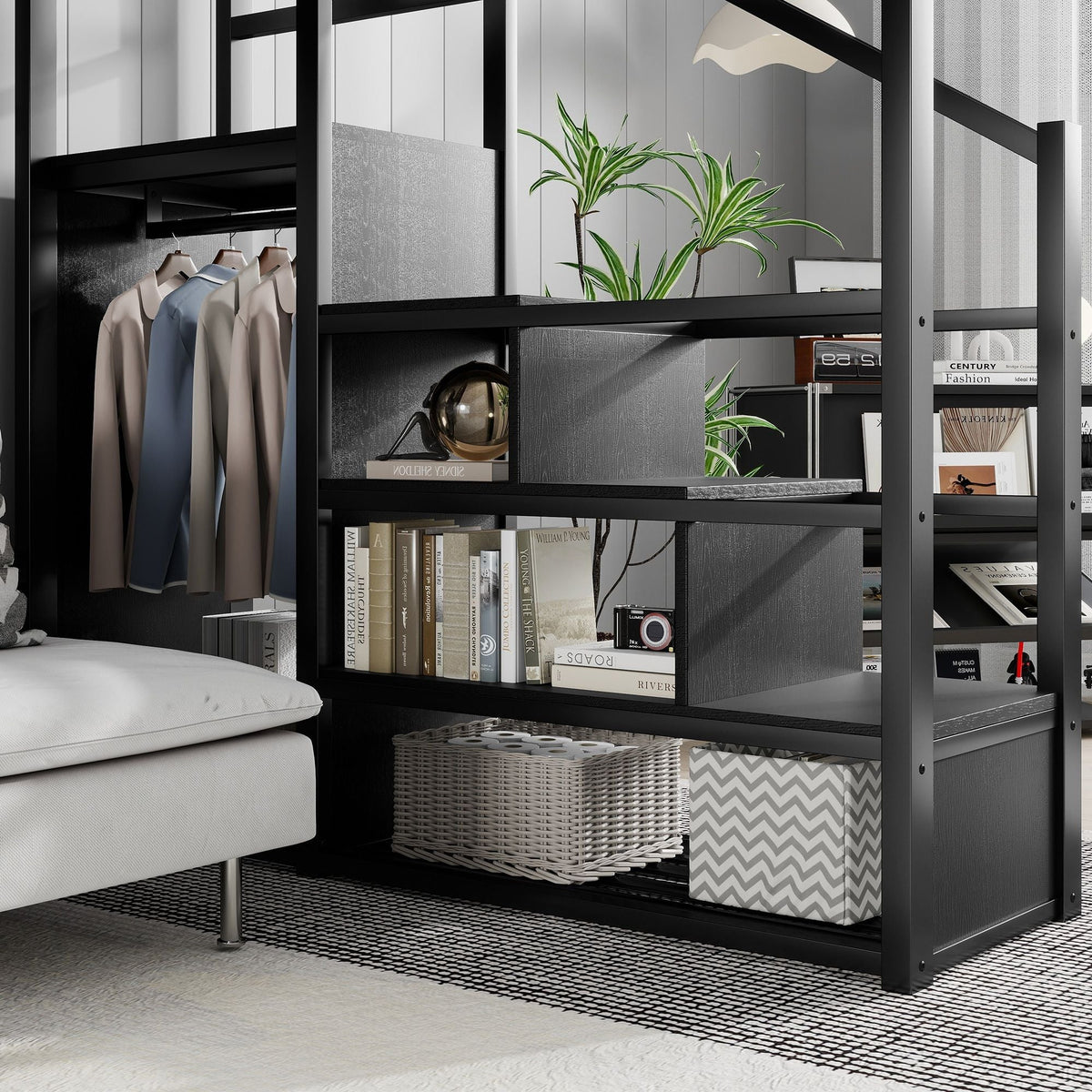 Queen Size Loft Bed with Stairs black metal frame with storage shelves and wardrobe HouseOfZazla on Tampa Home & Garden Store