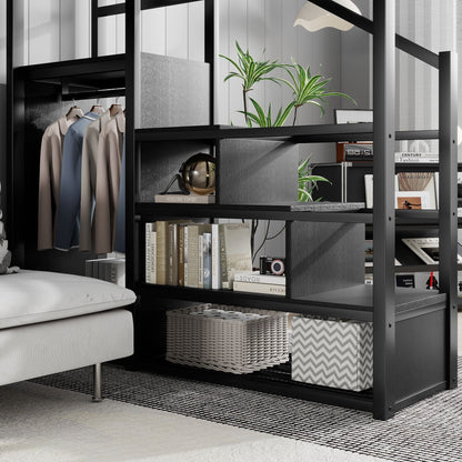 Queen Size Loft Bed with Stairs black metal frame with storage shelves and wardrobe HouseOfZazla on Tampa Home & Garden Store