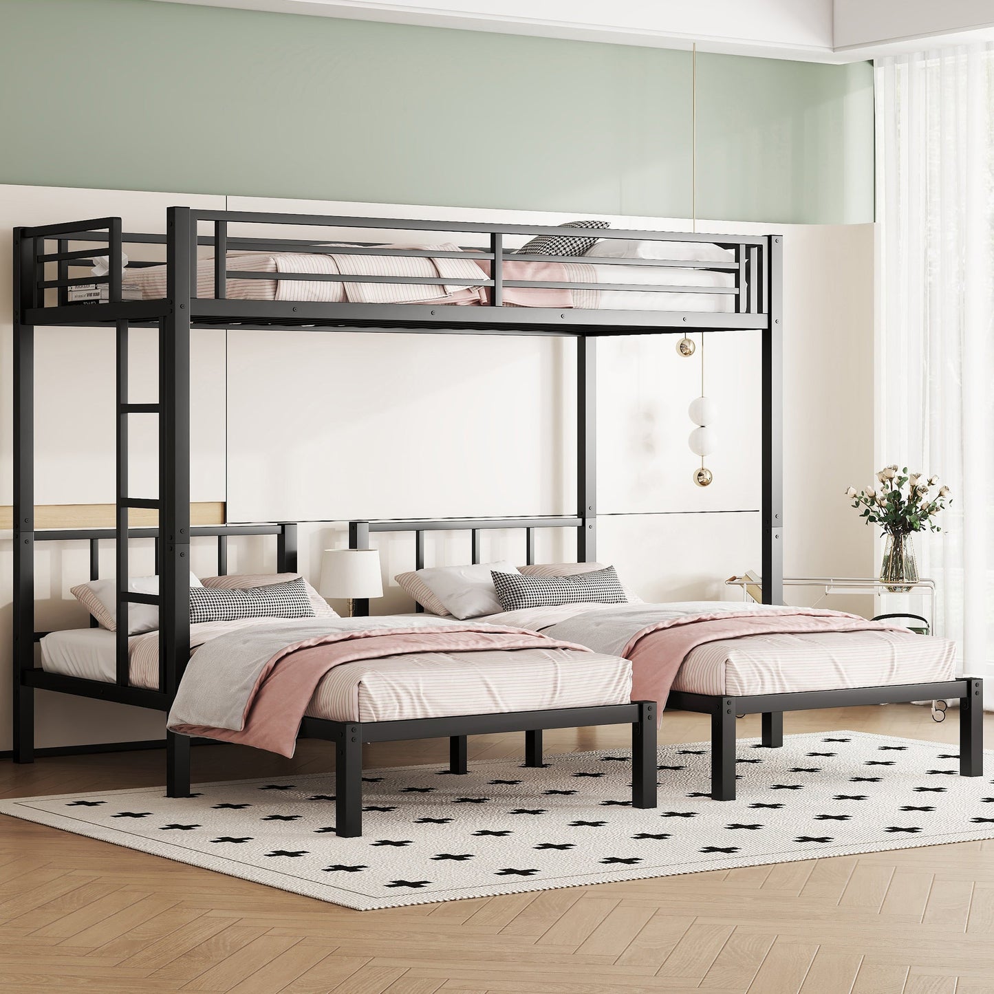 Metal triple bunk bed for kids by HouseOfZazla, black steel frame with three bunks on Tampa Home & Garden Store