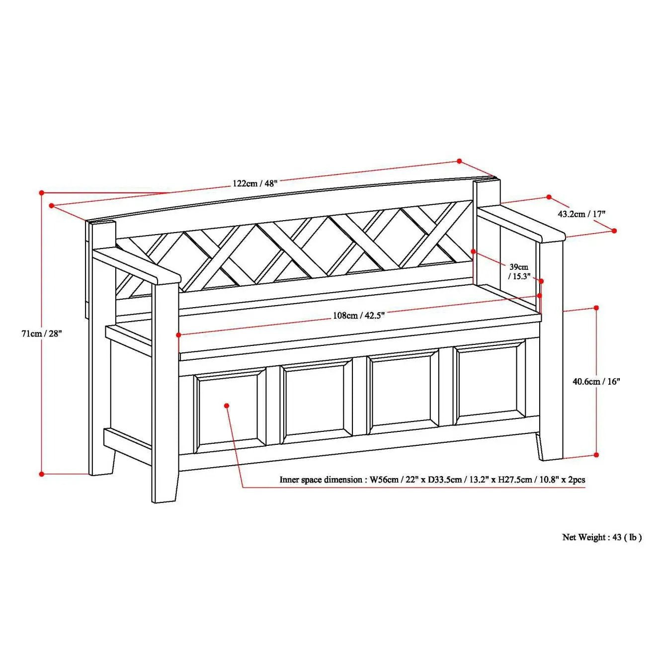 Amherst entryway storage bench by Unique Piece Furniture, wooden bench with lattice back on Tampa Home & Garden Store