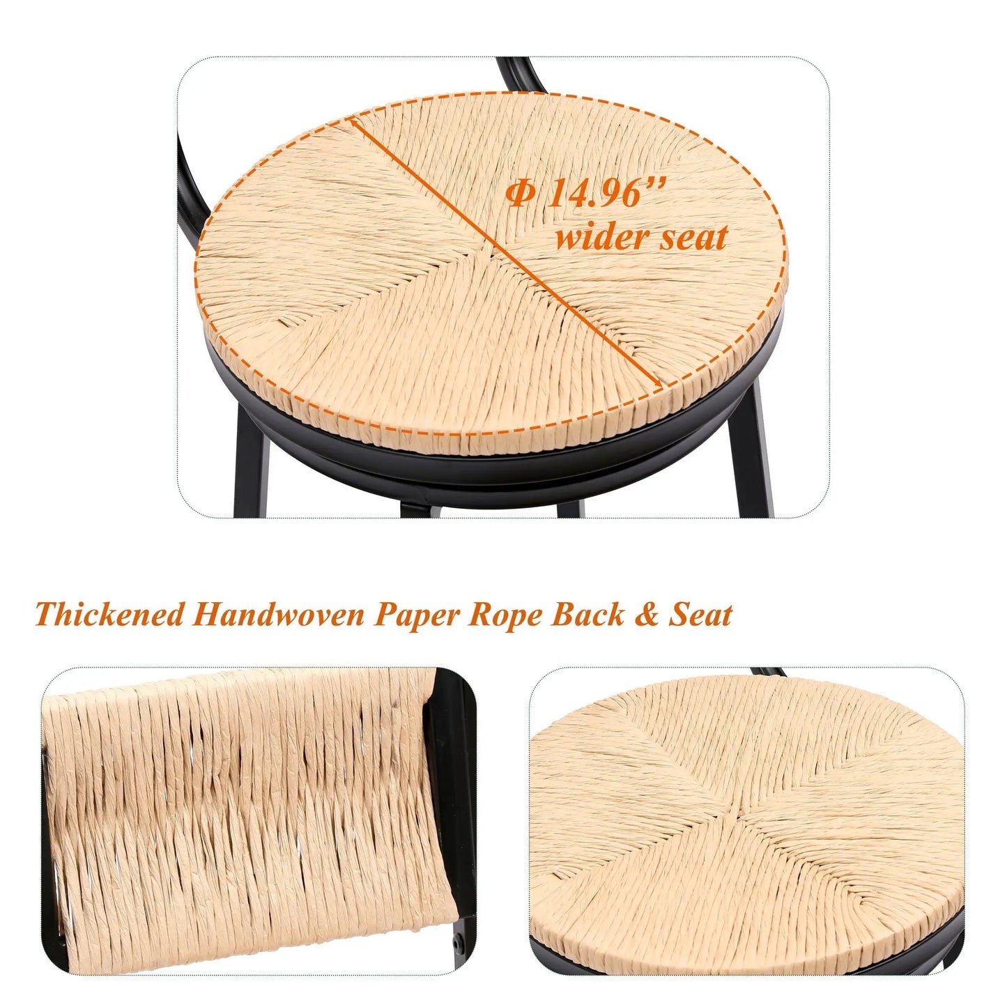 Bar stools swivel counter chairs with metal frame and handwoven rope back and seat set of 2 on Tampa Home & Garden Store