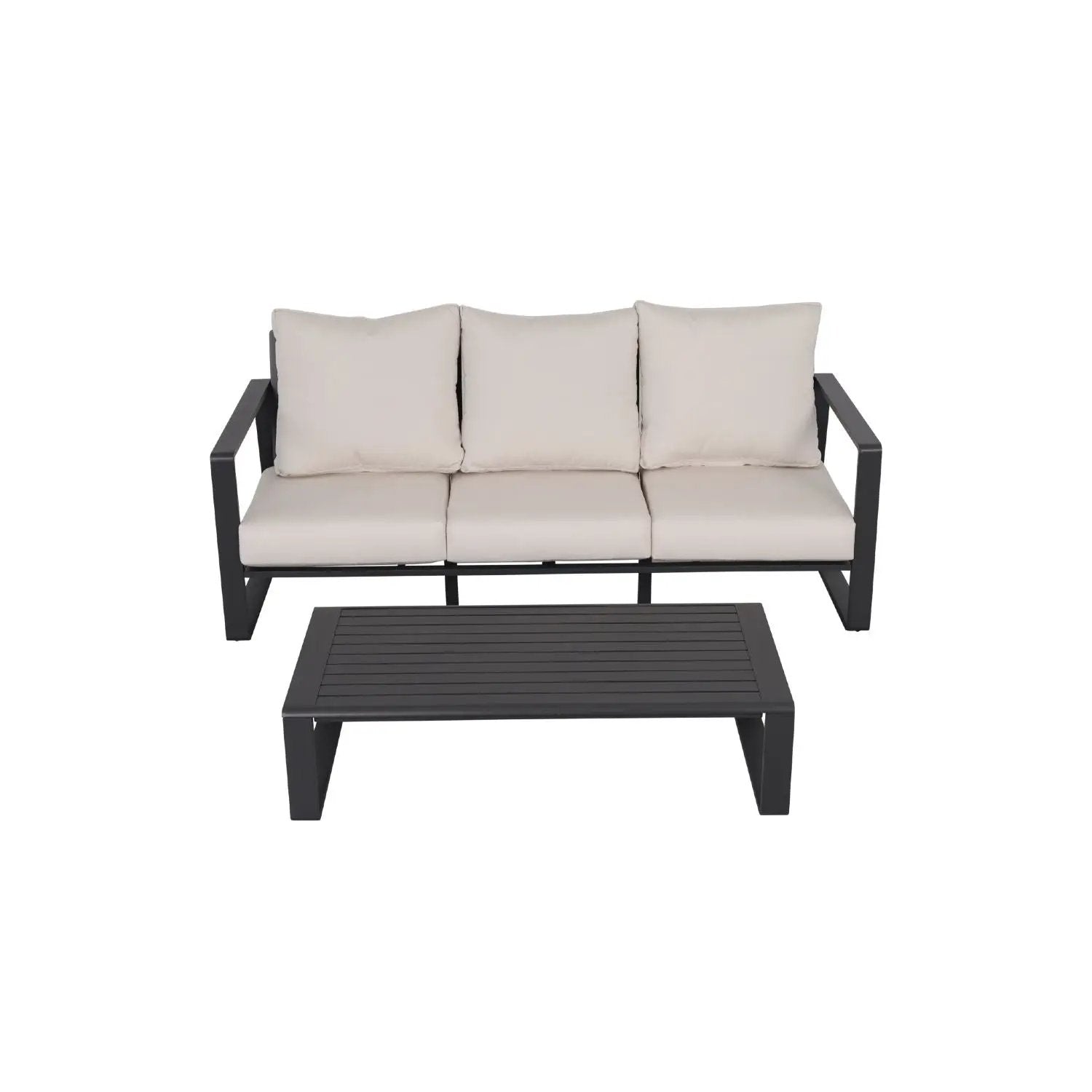Sofa with rectangular coffee table; 2-piece outdoor set in dark frame with beige cushions on Tampa Home & Garden Store