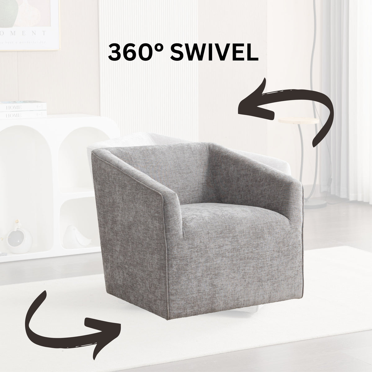 Nice Modern Upholstered Barrel Armchair by HouseOfZazla in gray fabric with arms 360° swivel on Tampa Home & Garden Store