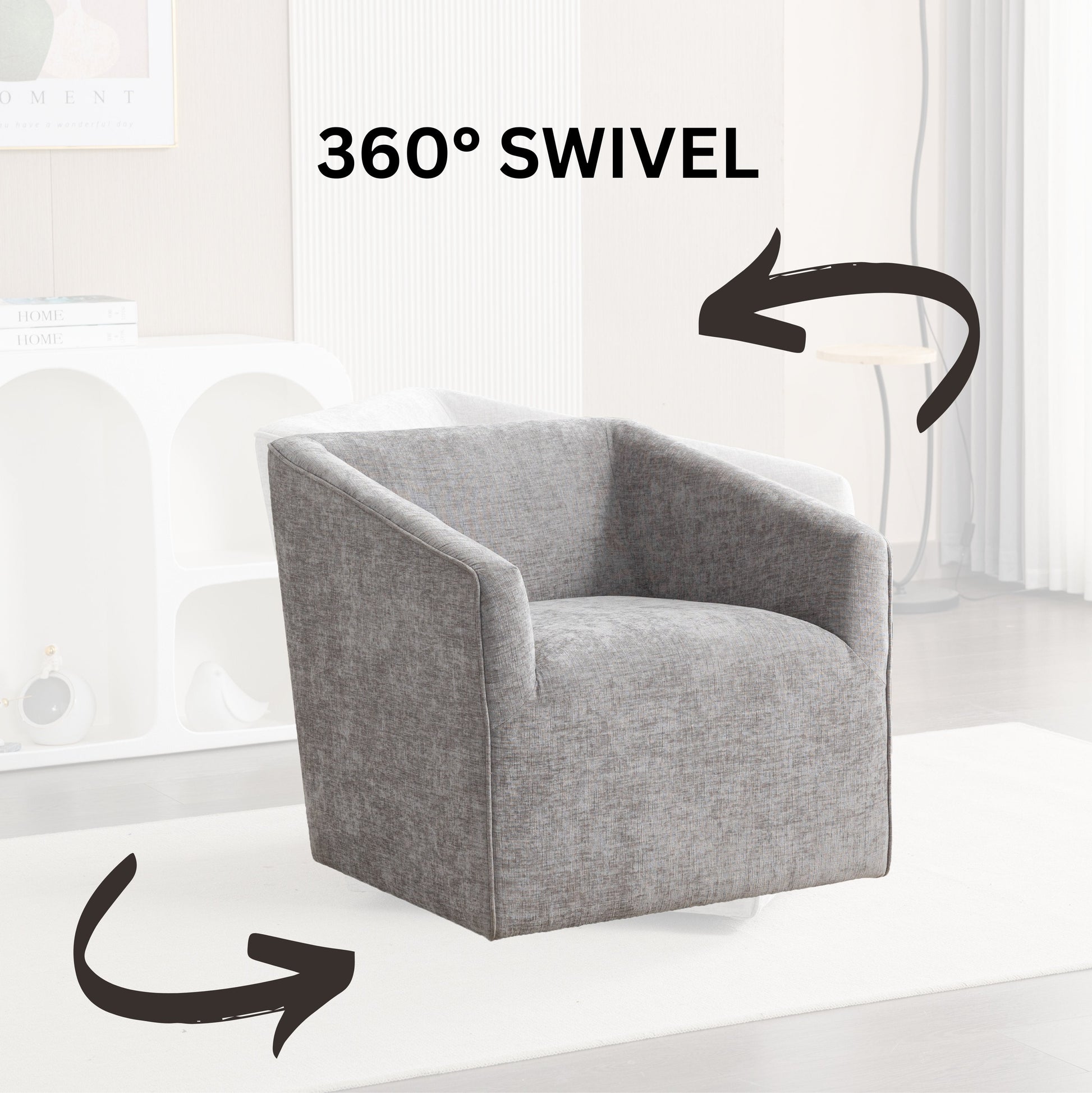 Nice Modern Upholstered Barrel Armchair by HouseOfZazla in gray fabric with arms 360° swivel on Tampa Home & Garden Store