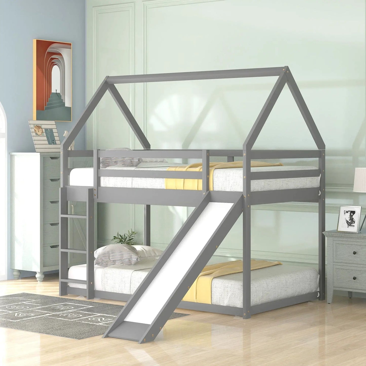 House Shape Bunk Bed With Slide And Ladder gray metal frame for kids room on Tampa Home & Garden Store