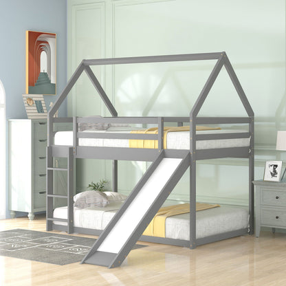 HouseOfZazla house-shaped bunk bed in gray metal with ladder and slide, dual bunks on Tampa Home & Garden Store
