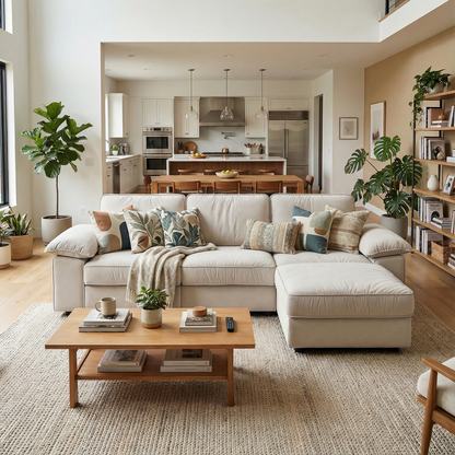 Modern L-shaped sectional sofa with ottoman in beige fabric in open kitchen living space on Tampa Home & Garden Store