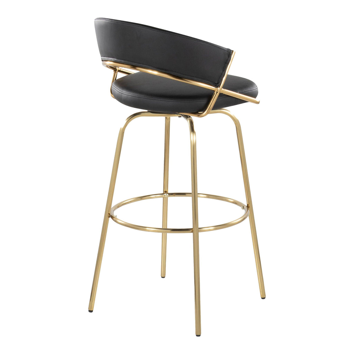 Contemporary swivel barstool with black upholstery and gold frame with round footrest on Tampa Home & Garden Store