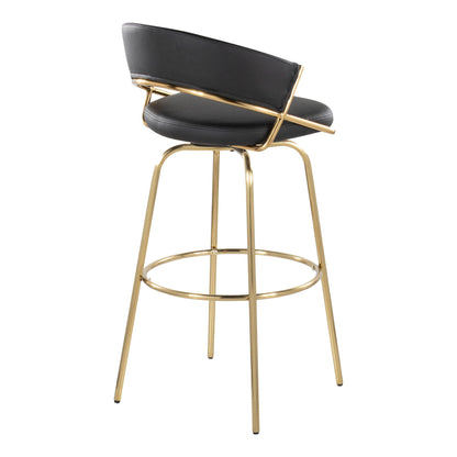 Contemporary swivel barstool with black upholstery and gold frame with round footrest on Tampa Home & Garden Store