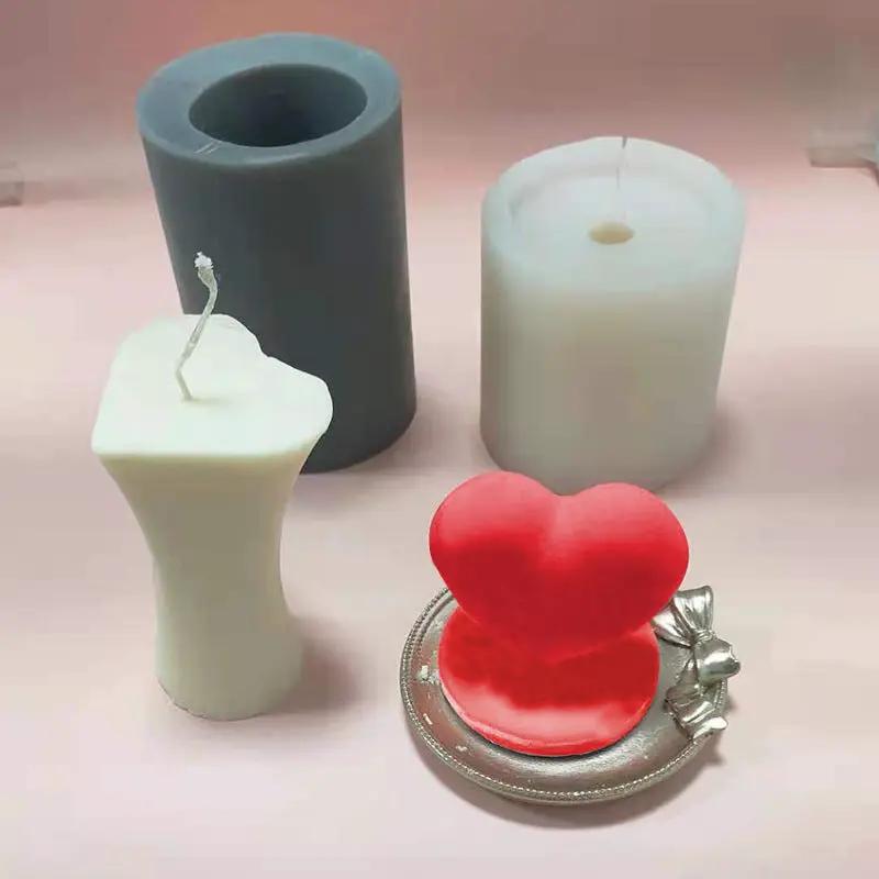 Love heart-shaped candle mold set in epoxy silicone; white-gray cylinder molds; red heart candle on Tampa Home & Garden Store