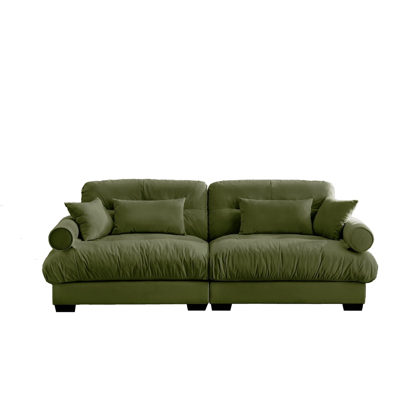 Modern sofa with bolstered armrests and pillows in olive green fabric by Unique Piece Furniture, stationary sofa on Tampa Home & Garden Store