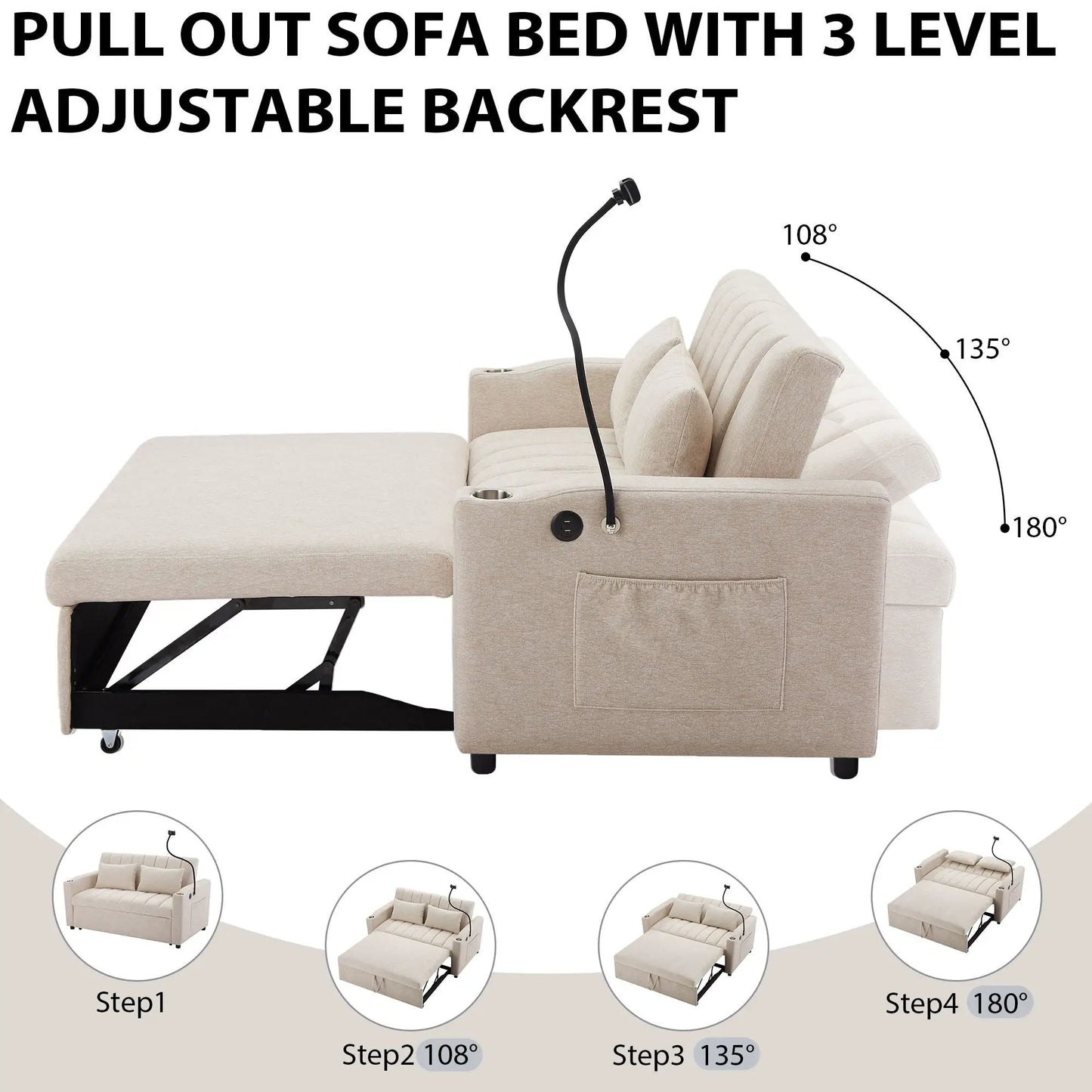 Convertible sofa bed loveseat in beige fabric with USB ports by Unique Piece Furniture on Tampa Home & Garden Store