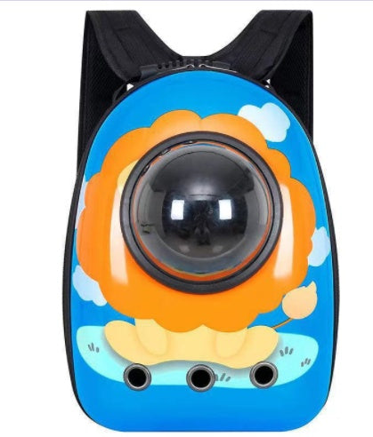 Pet Zen space-themed pet backpack carrier with bubble window in blue orange design on Tampa Home & Garden Store