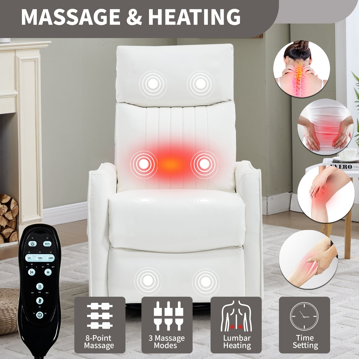 White faux leather massage recliner chair with heat, rocker and swivel, remote, HouseOfZazla on Tampa Home & Garden Store