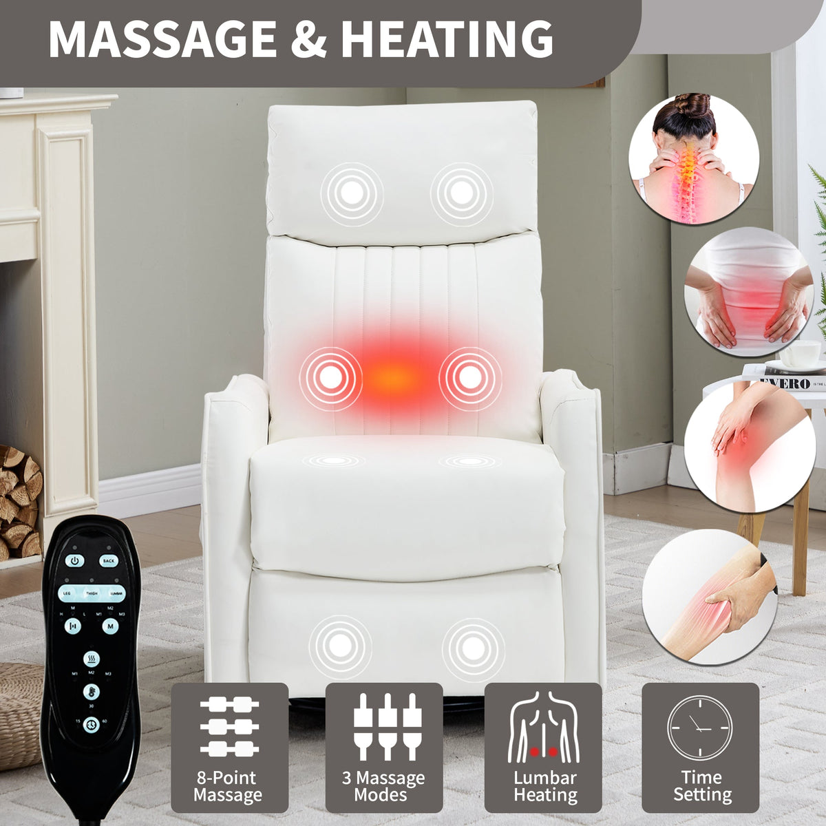 White faux leather massage recliner chair with heat, rocker and swivel, remote, HouseOfZazla on Tampa Home & Garden Store