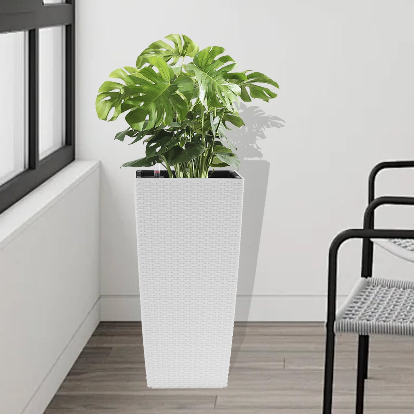 Indoor/Outdoor White Square Planter with Faux Rattan, 22.6in tall, automatic watering on Tampa Home & Garden Store