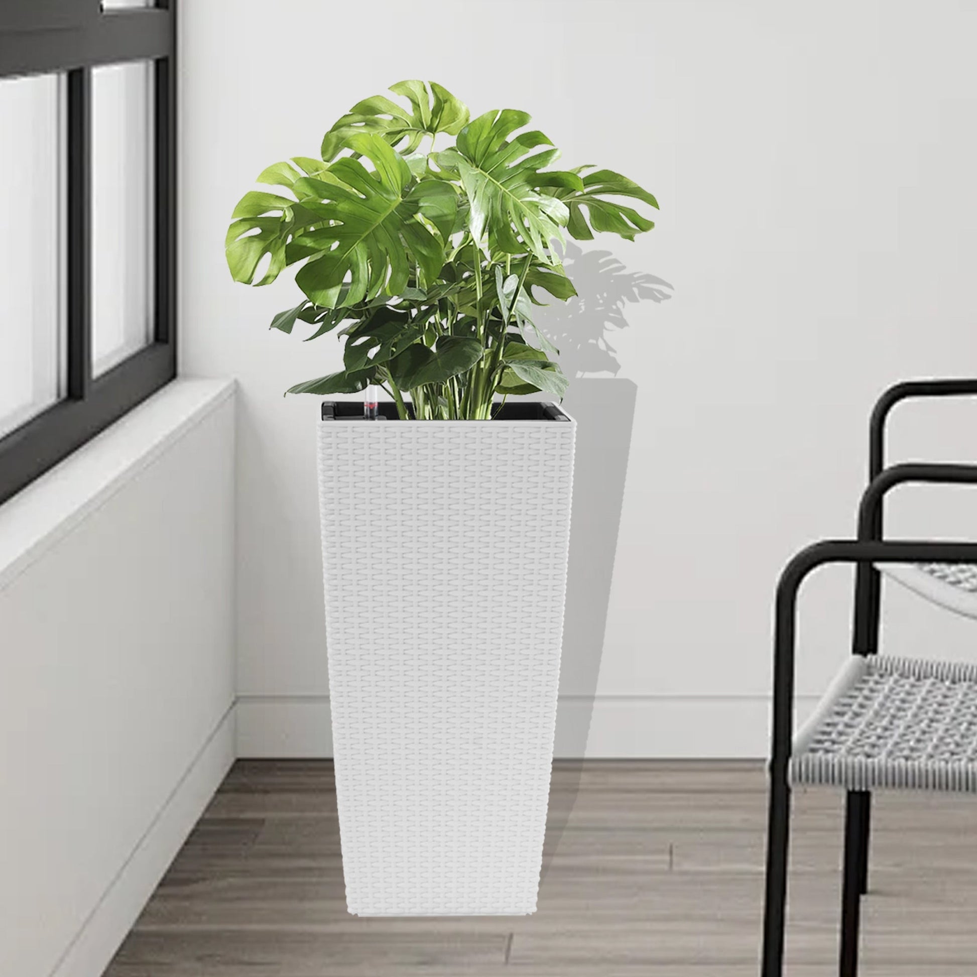 Indoor/Outdoor White Square Planter with Faux Rattan, 22.6in tall, automatic watering on Tampa Home & Garden Store