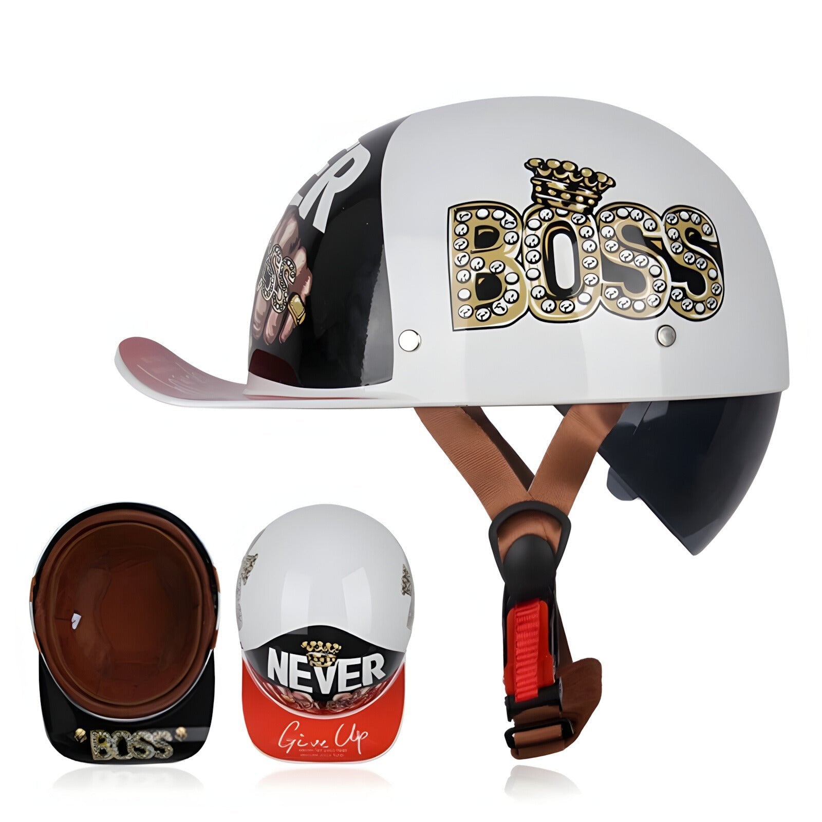 Boss Vintage Half Motorcycle Helmet white with gold BOSS logo crown by BikerZoneZ on Tampa Home & Garden Store